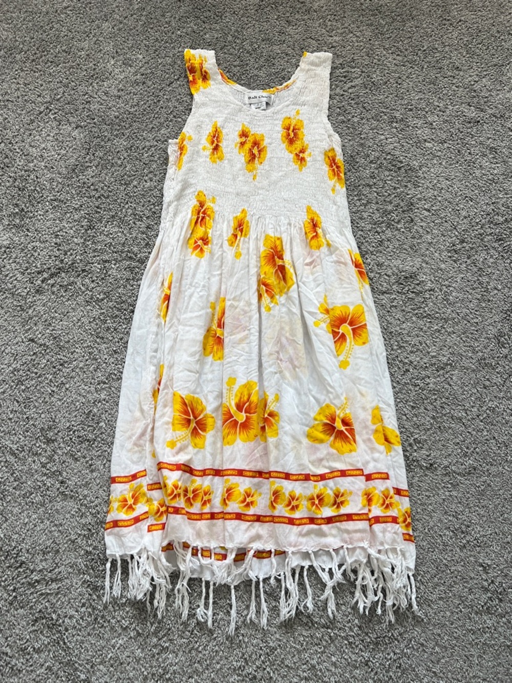 Bali Chic Women’s White Sundress with Yellow Hibiscus Floral Print and Fringe OS